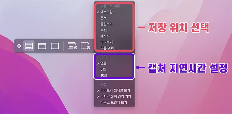 스크린샷 앱의 옵션 설정 항목