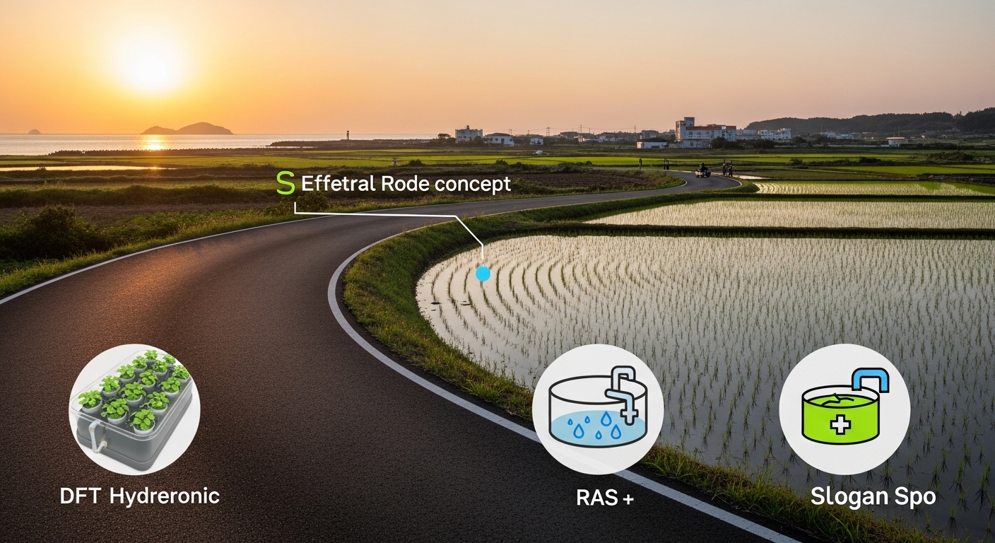 노을 진 남해 해안 논과 S자 커브 도로 위에 ‘S-curve Road concept’ 라벨과 RAS·수경재배(DFT) 아이콘을 오버레이한 대표 이미지