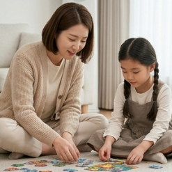 엄마와 딸이 함께 퍼즐을 맞추는 모습