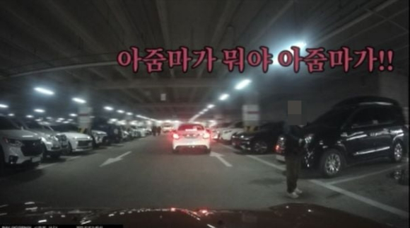 사용한 쇼핑 카트를 주차장 빈자리에 밀어 던지고 떠나는 중년 여성. 다른 운전자가 이를 항의하자 "직원이 치우잖아요"라고 답했다. [사진=보배드림 캡처]