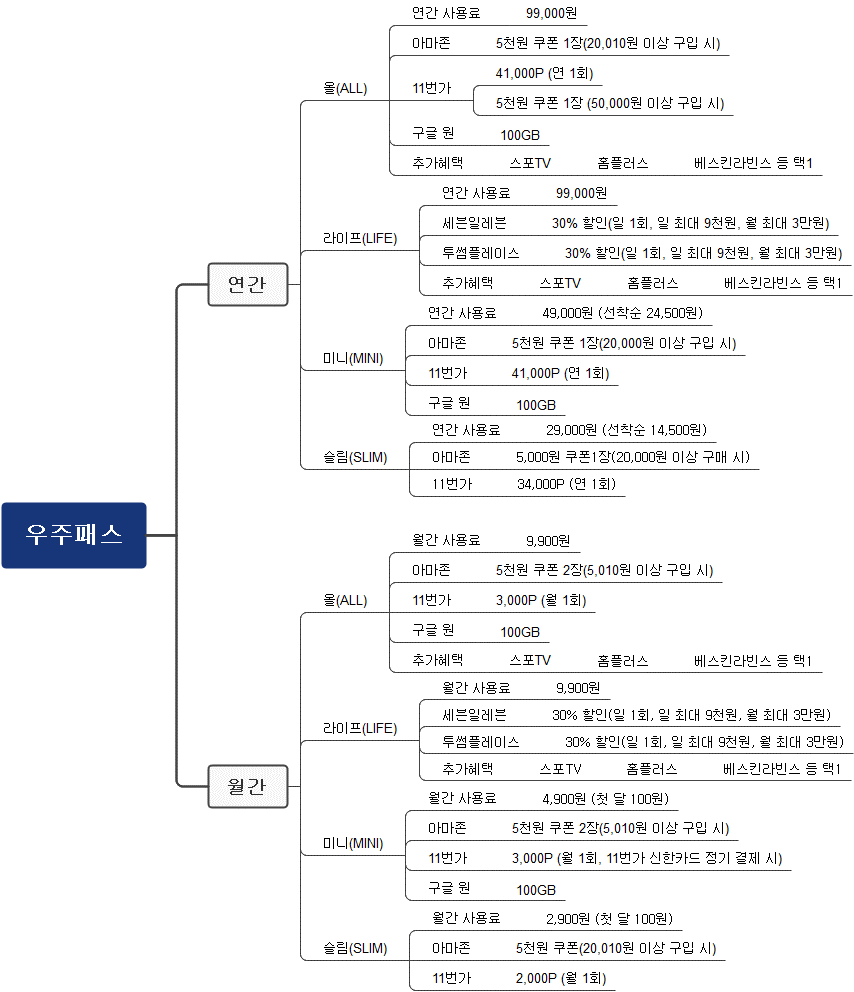 우주패스 상품 정리표