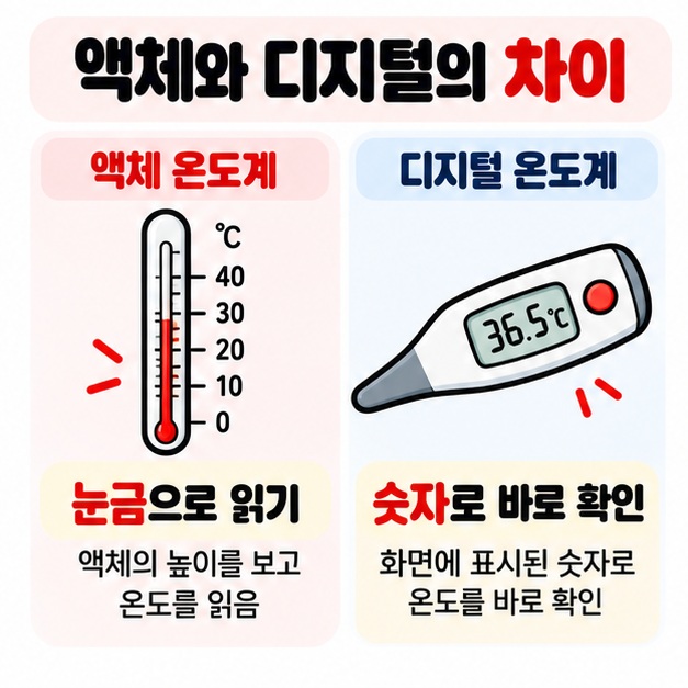 액체 온도계는 눈금으로 읽고 디지털 온도계는 화면의 숫자로 확인하는 차이를 보여주는 카드