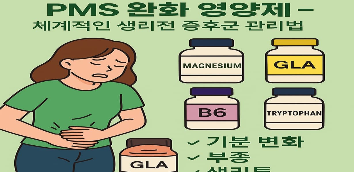 PMS 완화를 위한 하루 복용 루틴과 시간대별 추천 영양소를 정리한 인포그래픽