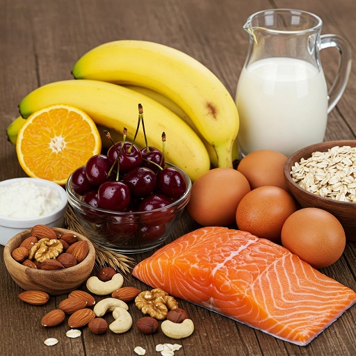 바나나, 체리, 견과류, 귀리, 우유, 연어, 달걀
