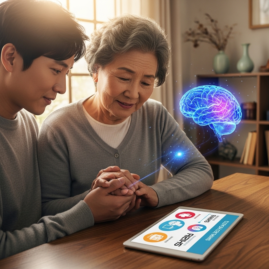 뇌경색 전조증상 정보를 함께 살피는 보호자와 노인, 가족의 건강을 지키는 따뜻한 마음을 표현한 이미지.