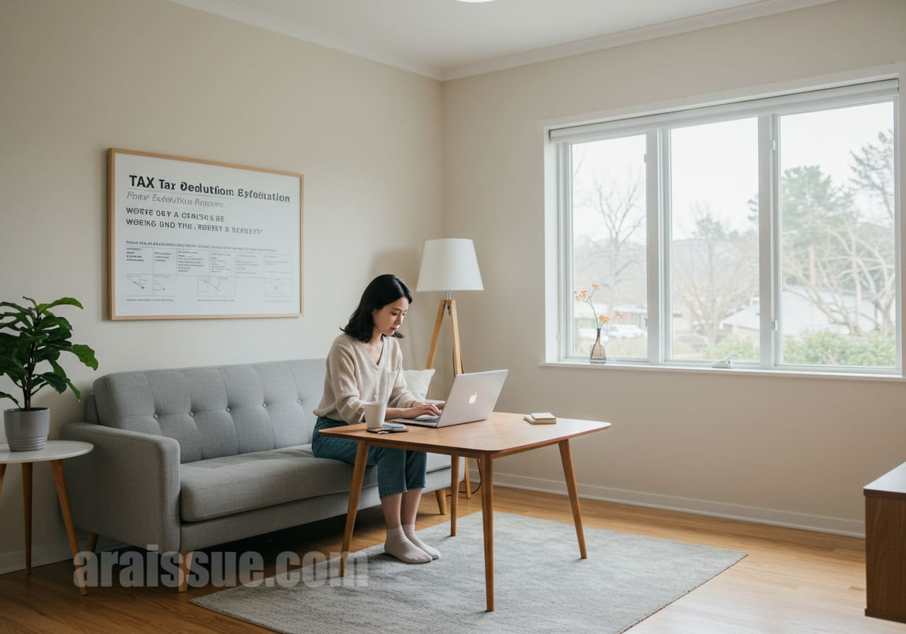 세액공제 혜택을 찾고 있는 한국 여성, 세금 공제를 위한 정보 검색 중.