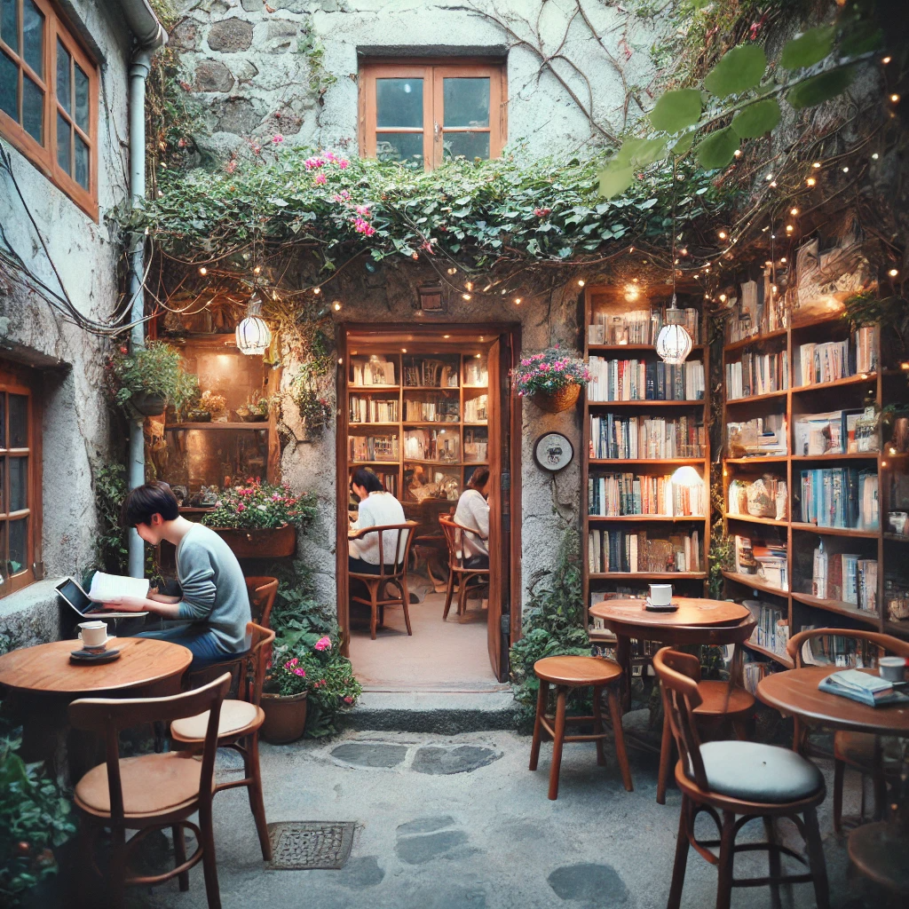 작은 골목에 숨겨진 제주도의 아늑한 카페. 덩굴과 꽃으로 덮인 매력적인 입구가 있으며, 내부는 나무 테이블과 책으로 가득 찬 책장, 부드러운 조명이 어우러져 있음. 손님들은 커피와 페이스트리를 즐기며 독서하거나 노트북으로 작업을 하고 있으며, 조용하고 평화로운 오후를 보내기에 완벽한 분위기.