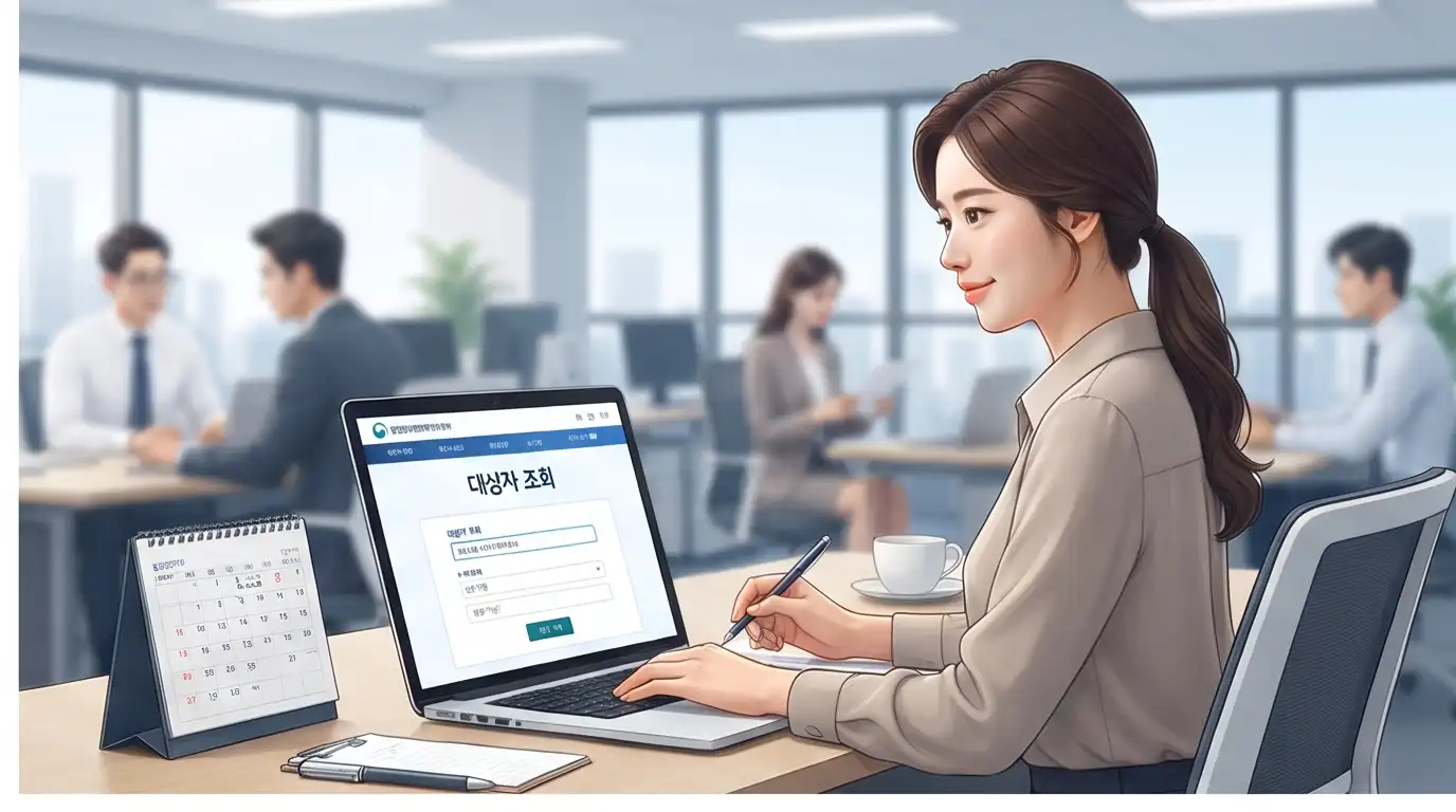 사무실 책상에 앉아 노트북으로 건강검진 대상자 조회를 진행하는 여성 직장인