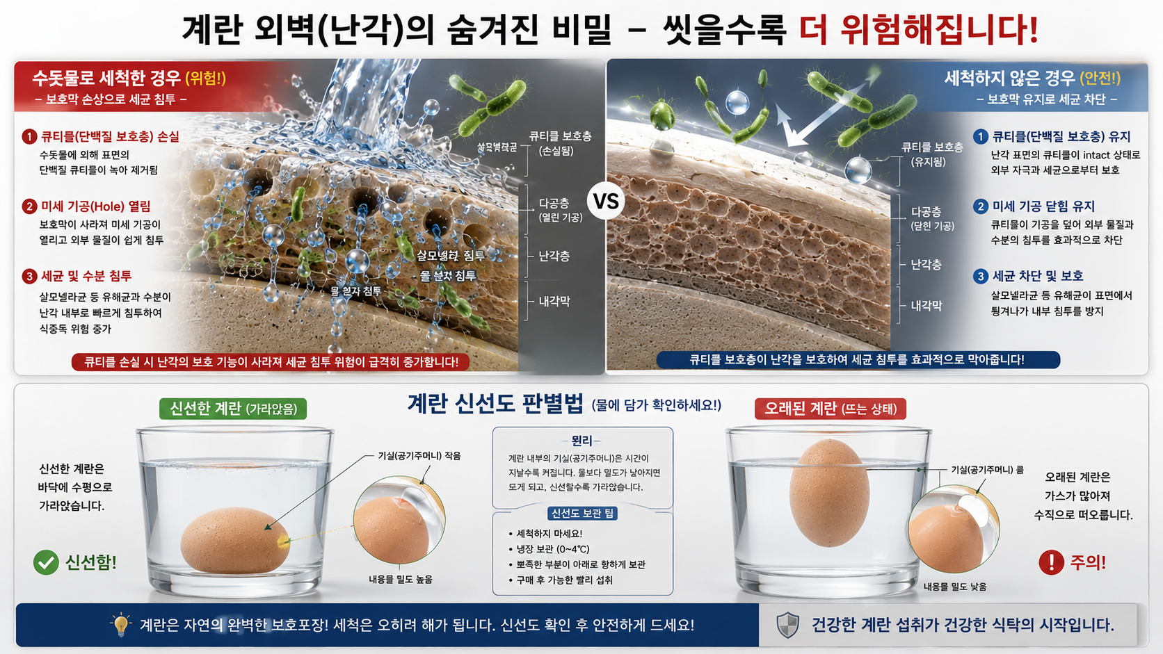 계란의 외벽 난각 단면을 인포그래픽 형태로 미세 투영하여 입체 묘사합니다. 왼쪽 면은 수돗물이 유입되어 표면의 투명한 단백질 큐티클 보호층이 완전히 녹아내리고, 열려진 미세 기공(Hole) 내부로 물 분자와 함께 녹색의 살모넬라 균주들이 세차게 침투하는 위험 상황을 연출. 오른쪽 면은 세척하지 않은 안전한 상태로, 단단한 보호막이 세균을 튕겨내는 모습을 대조합니다. 하부에는 투명한 유리컵 물속에 계란을 넣어 신선한 것은 바닥에 수평으로 눕고, 오래된 것은 가스로 인해 수직으로 둥둥 뜨는 판별 이미지