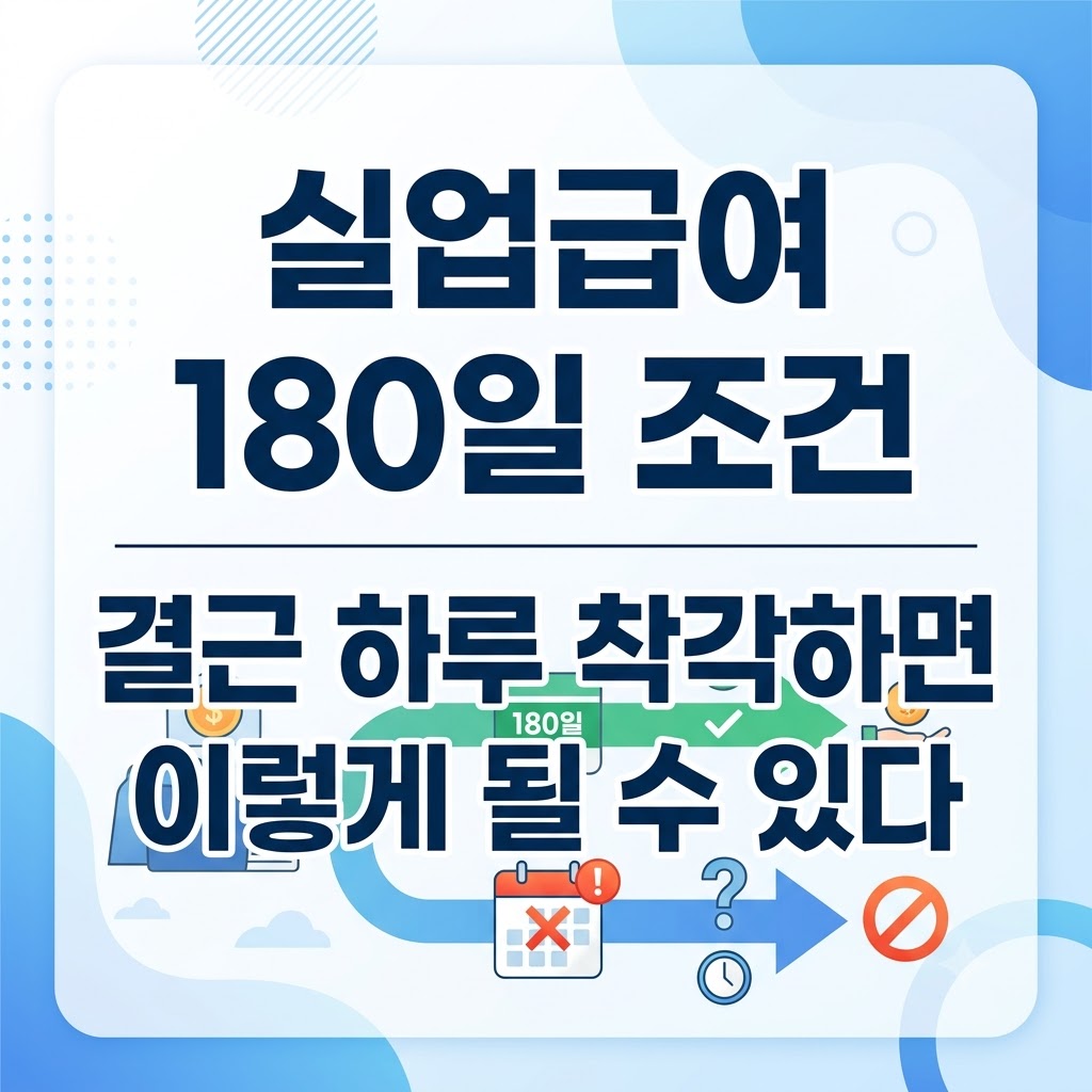실업급여 180일 조건과 결근 하루 착각 시 발생할 수 있는 문제를 다룬 썸네일 인포그래픽 이미지