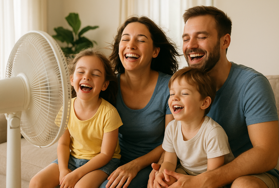 선풍기 바람으로 시원한 여름을 보내 즐거운 가족