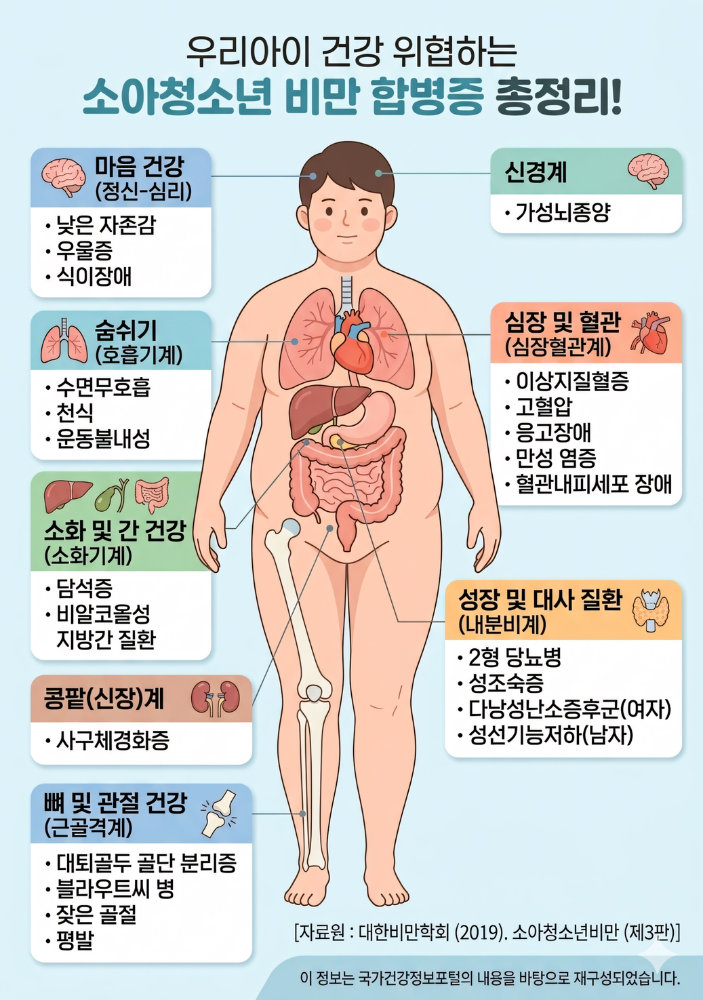 소아청소년 비만이 발생하는 복합적인 원인 : 비만으로 인한 소아청소년의 질병 종류를 인체 모형에 부위별로 표시 이미지