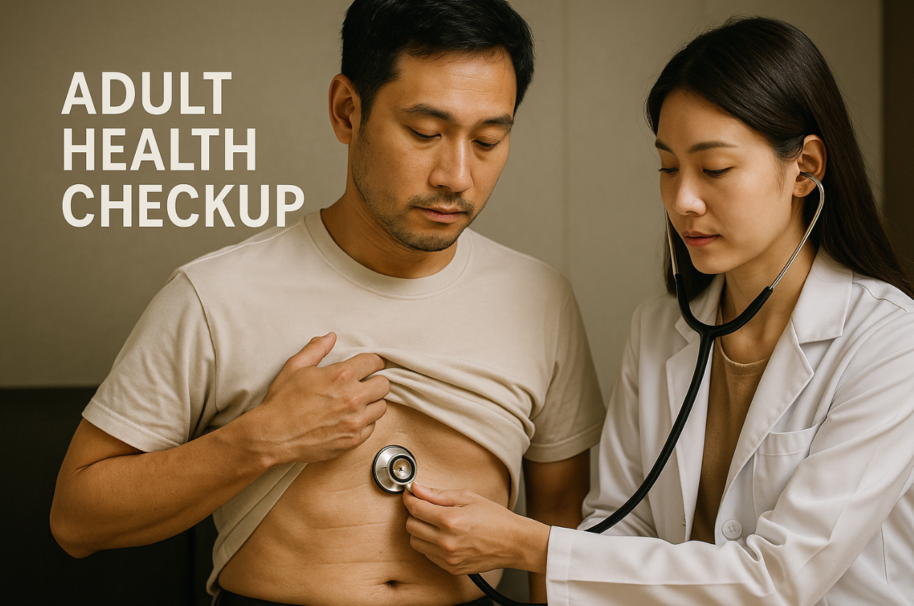 의사선생님께 건강검진 받는 모습의 남성 이미지