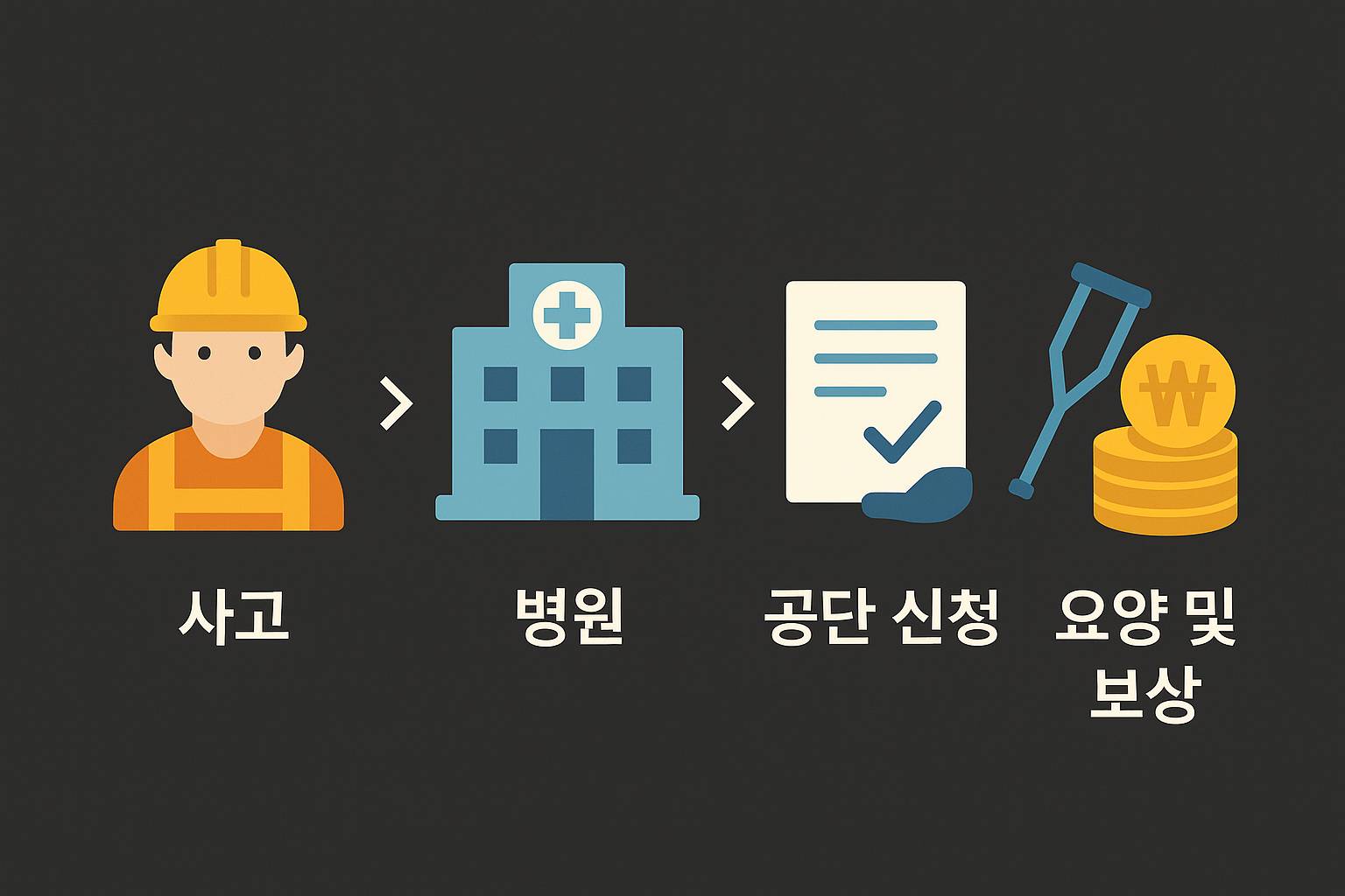 산업재해 절차 인포그래픽: 사고 &rarr; 병원 &rarr; 공단 신청 &rarr; 요양 및 보상