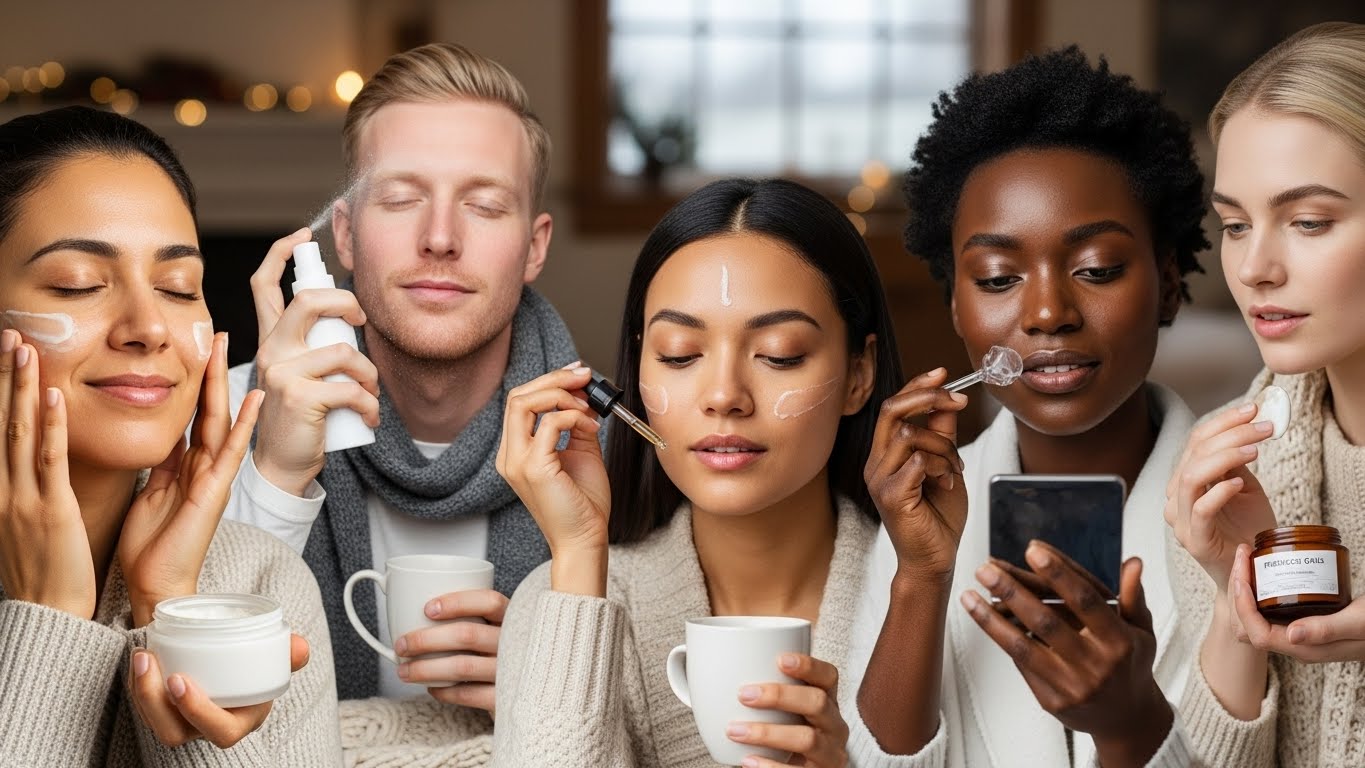 건성, 지성, 민감성 등 다양한 피부 타입의 사람들이 자신에게 맞는 겨울 스킨케어 제품을 바르며 편안함을 느끼는 모습