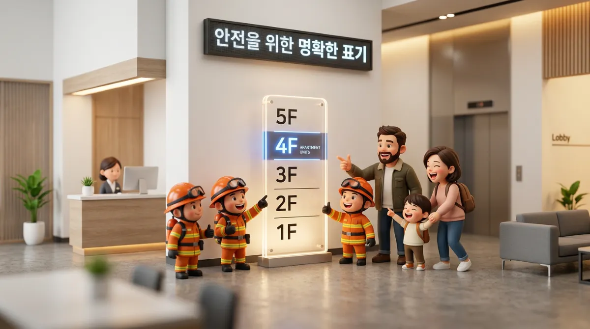 현대 아파트 로비의 명확한 4층 표기와 안전을 강조하는 디오라마 장면