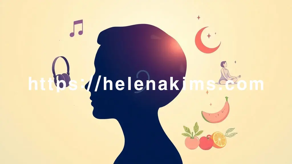 밝고 차분한 배경 위에 고요하고 평온한 인간의 옆 얼굴, 주변에는 용한 음악이 흐르는 듯한 헤드폰, 스트레스 해소를 위한 명상 자세, 숙면을 상징하는 초승달과 별, 그리고 건강한 식단을 의미하는 신선한 과일과 채소가 섬세하게 묘사된 그래픽 이미지.