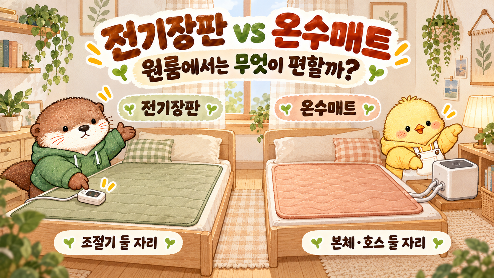 원룸에서 전기장판과 온수매트의 조절기 본체 호스 설치 공간을 비교하는 정리 글 이미지