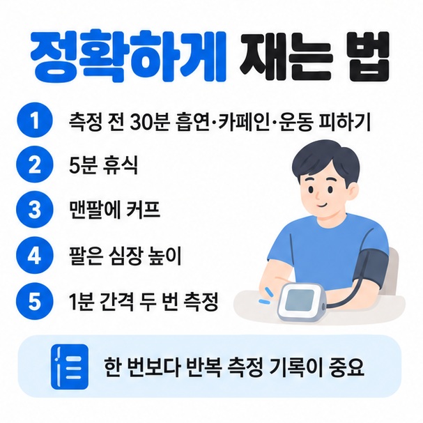 측정 전 30분 주의 5분 휴식 맨팔 커프 심장 높이 두 번 측정 등 정확한 이완기 혈압 측정법 이미지