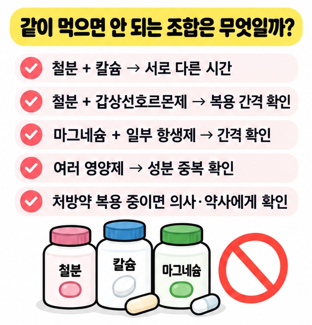 철분과 칼슘, 마그네슘과 일부 약의 복용 간격을 확인하는 주의 그림