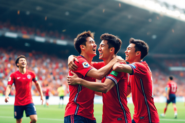 대한민국 축구 국가대표팀 선수들이 승리 후 서로 끌어안고 환하게 웃으며 세레머니를 펼치는 모습