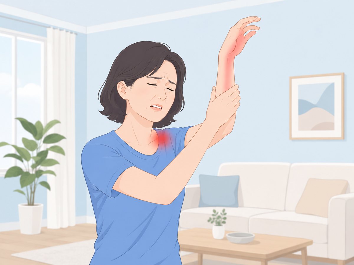 한쪽 팔을 들어 올린 채 팔뚝을 붙잡고, 쇄골 주변과 손&middot;팔뚝 저림에 얼굴을 찡그리는 흉곽출구증후군 의심 여성