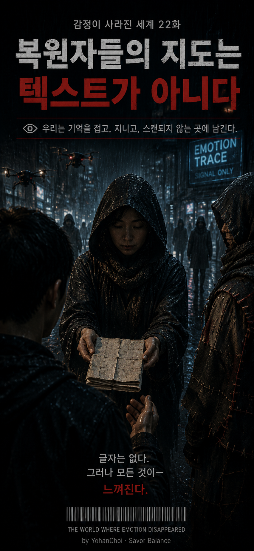 Vertical cover illustration for Episode 22 of the dystopian science fiction series The World Where Emotion Disappeared. In a rain-soaked futuristic city, hooded restorers secretly hand over a folded paper instead of digital data. The paper contains no words, yet carries memory through texture, warmth, and emotion beyond scanning or AI detection. Surveillance drones watch overhead while the scene symbolizes the Silent Map—a non-textual archive of human memory preserved outside algorithmic systems. Themes: memory restoration, emotional preservation, resistance to surveillance, AI dystopia, human connection, and the limits of digital control.