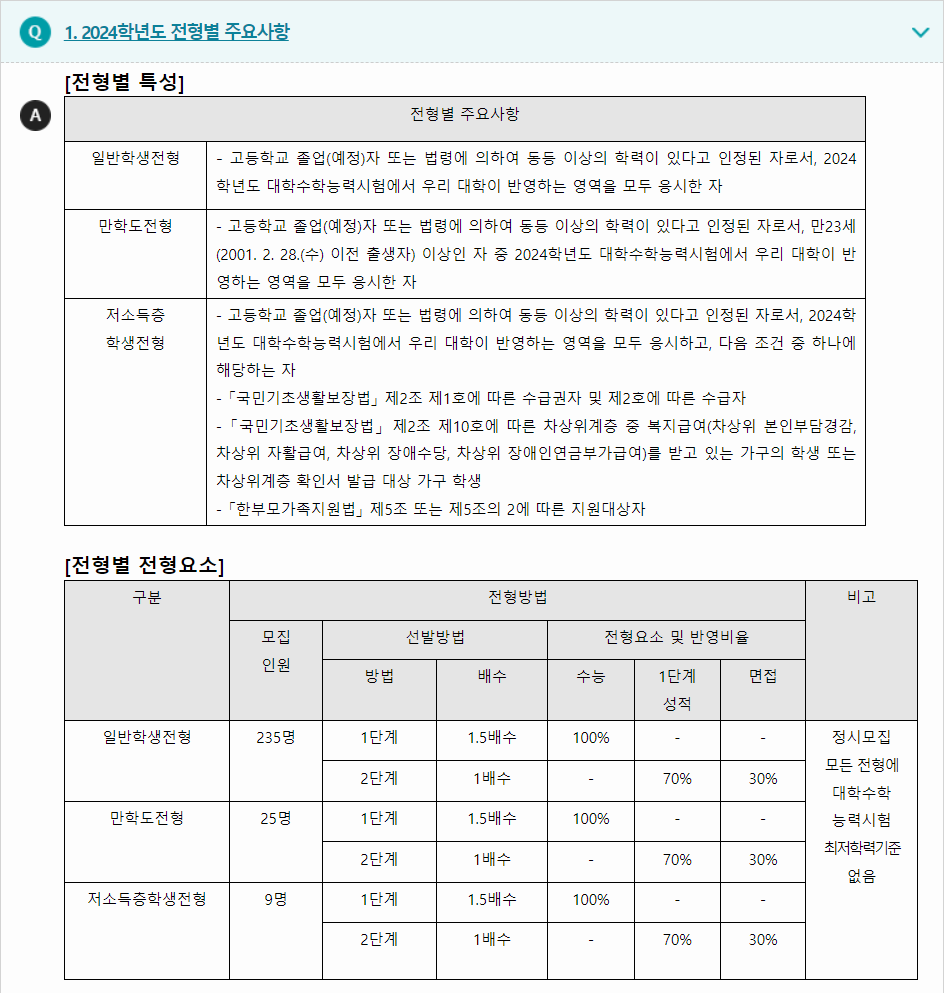 2024학년도 경인교육대학교 수능위주전형 전형별 주요사항