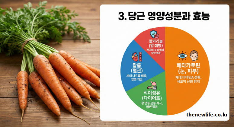 당근 효능과 영양성분 총정리 - 베타카로틴(눈/피부), 팔카리놀(암 예방), 칼륨(혈관), 식이섬유(다이어트)의 과학적 효능 분석 그래프