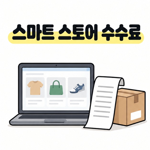 스마트 스토어 수수료 문구 아래에 상품 그림이 표시된 노트북과 영수증, 배송 상자가 있는 그림