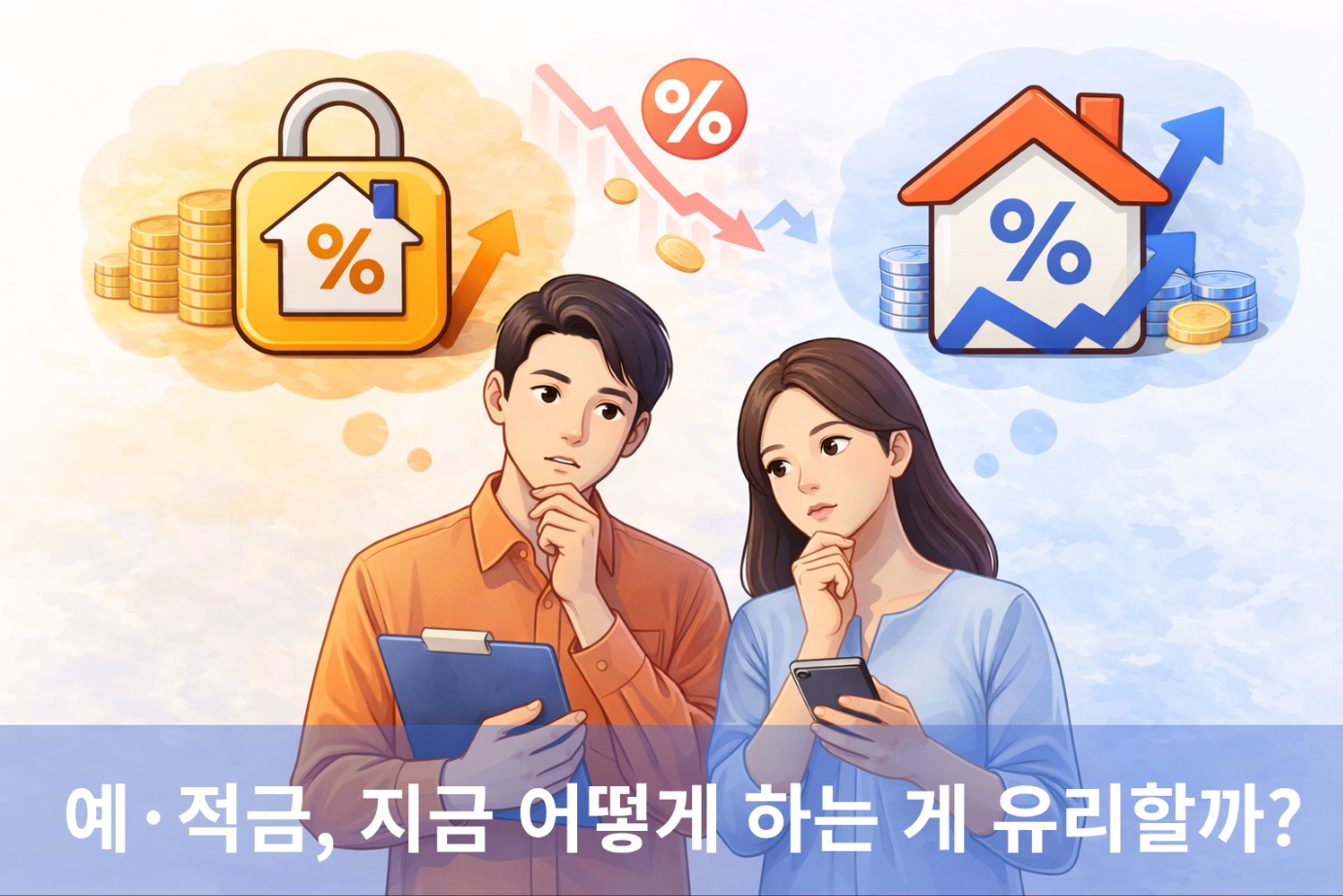 금리 인하 시기 예·적금 전략과 금리 방향을 고민하는 소비자 모습, 예금 아이콘과 주택 금리 그래프가 함께 표현된 이미지