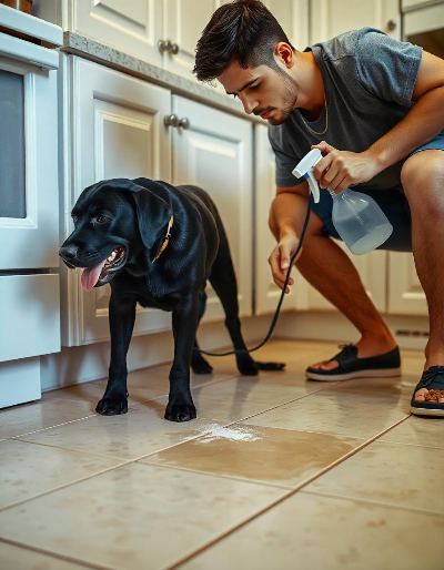 강아지가 오줌 싼 곳에 스프레이를 뿌리는 주인