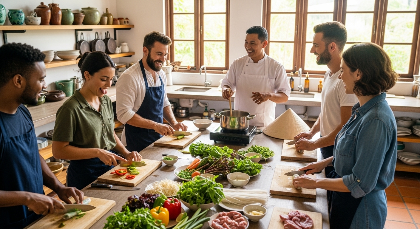 베트남 쿠킹 클래스에서 친구들이 현지 요리사에게 베트남 음식을 배우며 즐겁게 요리하는 모습.