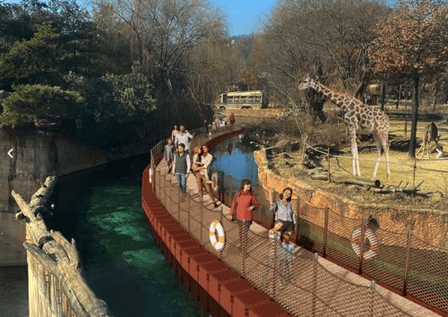 사람들이 강 위를 따라 나 있는 다리를 걷고 있으며, 옆에는 기린이 있는 자연형 동물원 풍경이 펼쳐져 있다.