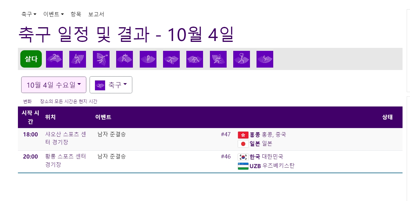 항저우 아시안게임 축구대회 일정및 결과