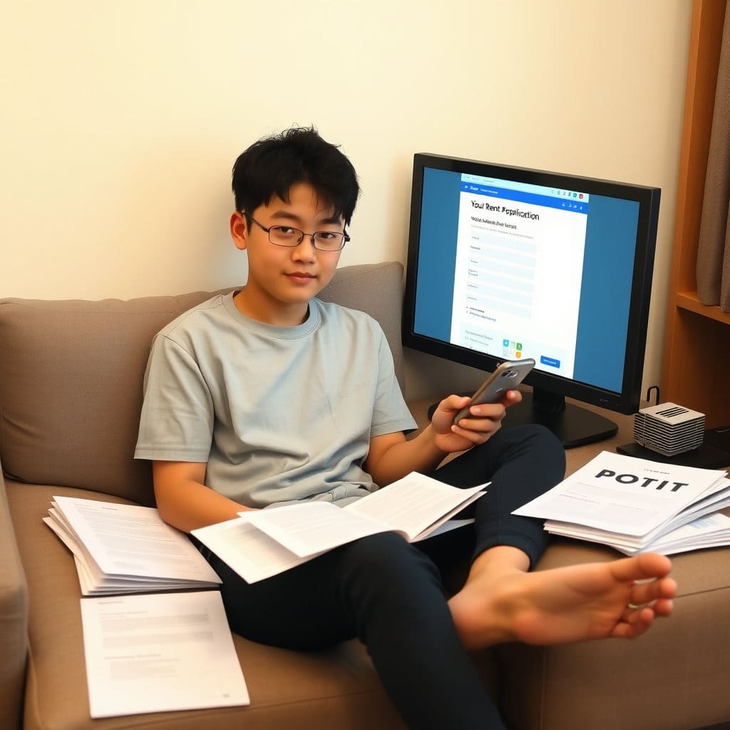 컴퓨터나 스마트폰 앞에서 청년이 편안하게 앉아 서울주거포털 또는 복지로 웹사이트를 통해 신청하는 모습을 그립니다. 화면에는 신청 페이지의 일부가 간략하게 보이도록 하고, 청년의 표정은 집중하면서도 어렵지 않다는 느낌을 줍니다. 주변에 필요한 서류들이 깔끔하게 정리되어 있는 모습도 함께 표현할 수 있습니다.