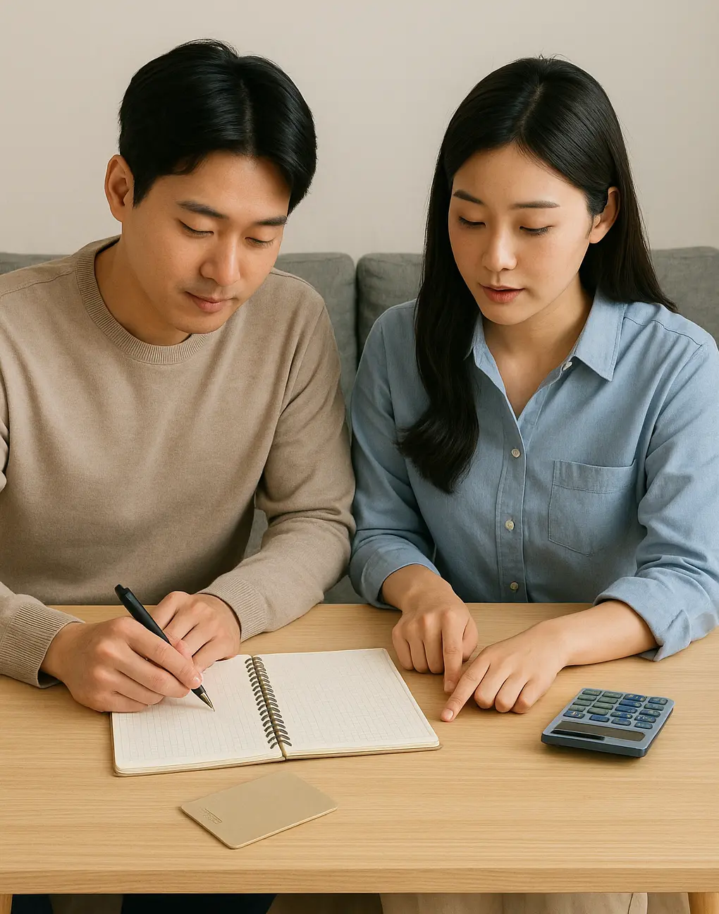 부부가 테이블에 앉아 가계부를 함께 검토하며 금융 계획을 논의하는 장면