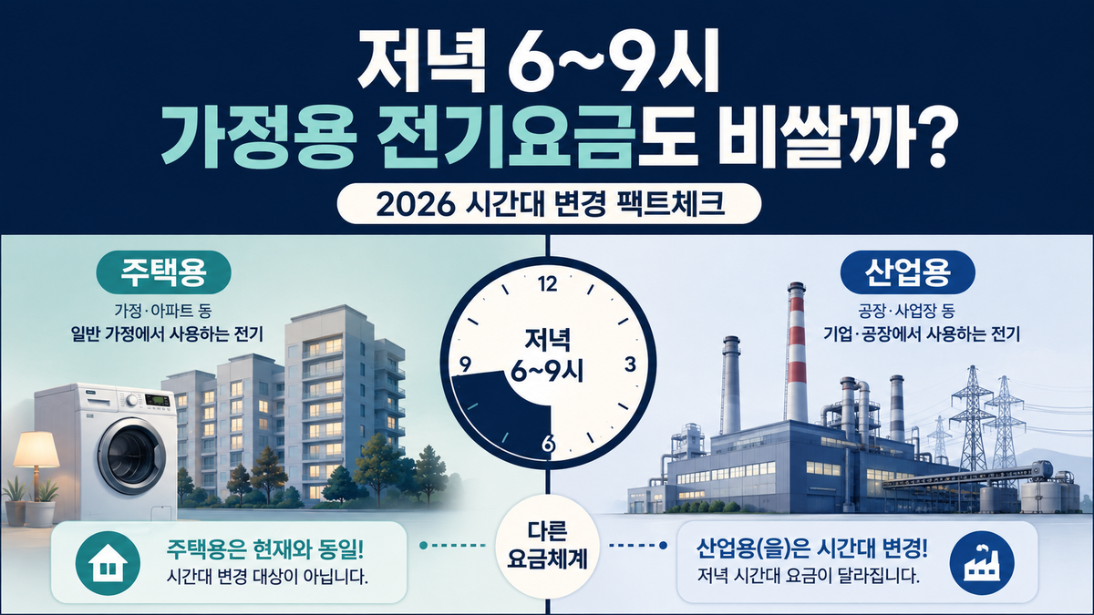 2026년 전기요금 시간대 변경이 일반 가정의 저녁 6시부터 9시 사용에도 적용되는지 보여주는 대표 이미지