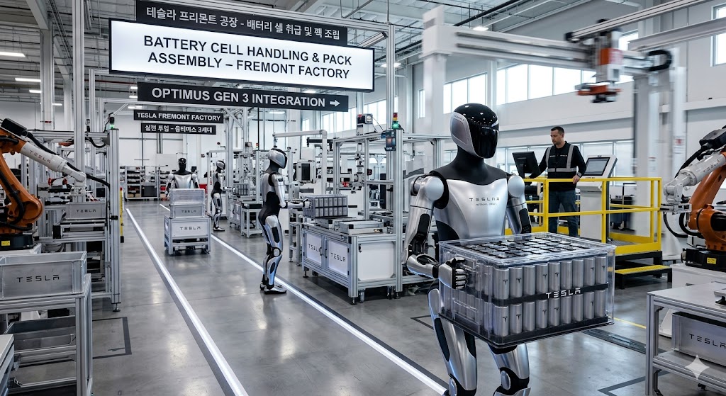 테슬라 프리몬트 공장에서 배터리 셀을 운반하고 있는 옵티머스 3세대 로봇의 실전 투입 모습