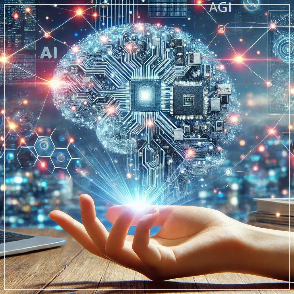 AGI의 실시간 학습 및 적응 능력을 상징하는 신경망 기반 AI 시스템이 대량의 데이터를 분석하고 있는 모습