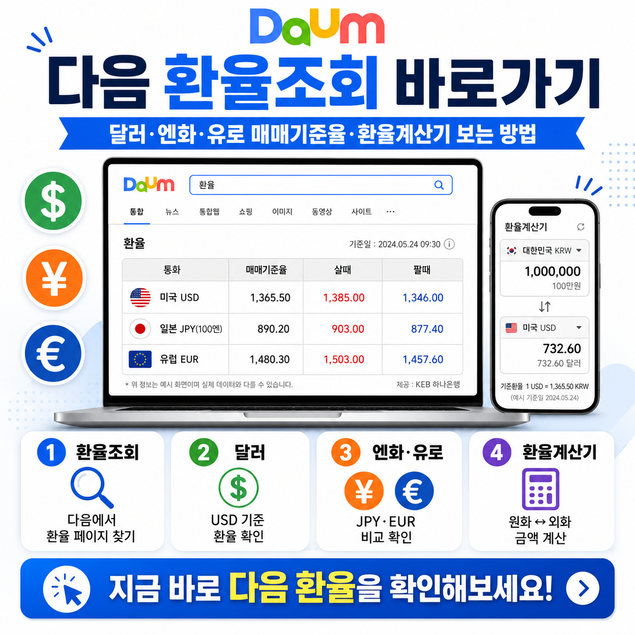 다음 환율조회 바로가기|달러·엔화·유로 매매기준율·환율계산기 보는 방법