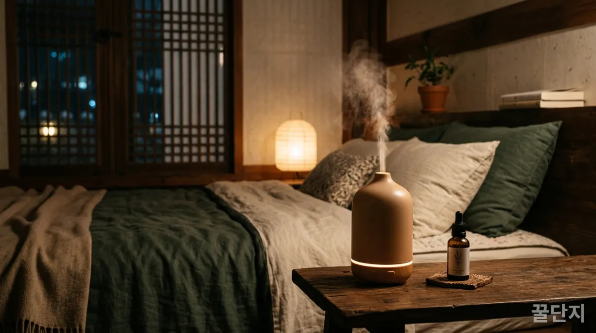 은은한 향기를 퍼뜨리는 아로마 디퓨저가 있는 한국 침실