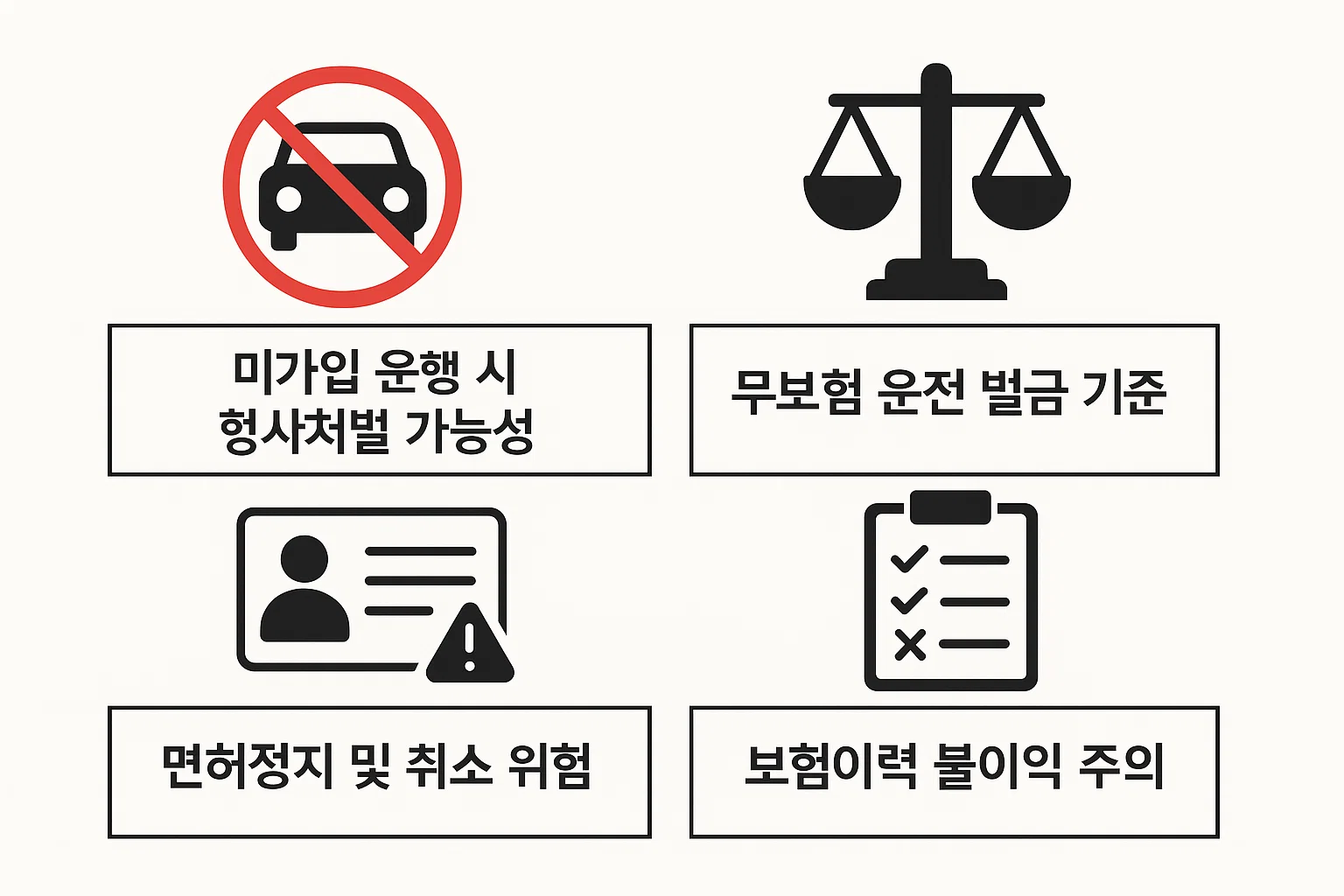 자동차 종합보험 미가입 상태로 운행할 경우 발생할 수 있는 형사처벌, 무보험 운전 벌금, 면허 정지 및 보험 불이익 위험을 정리한 인포그래픽입니다.