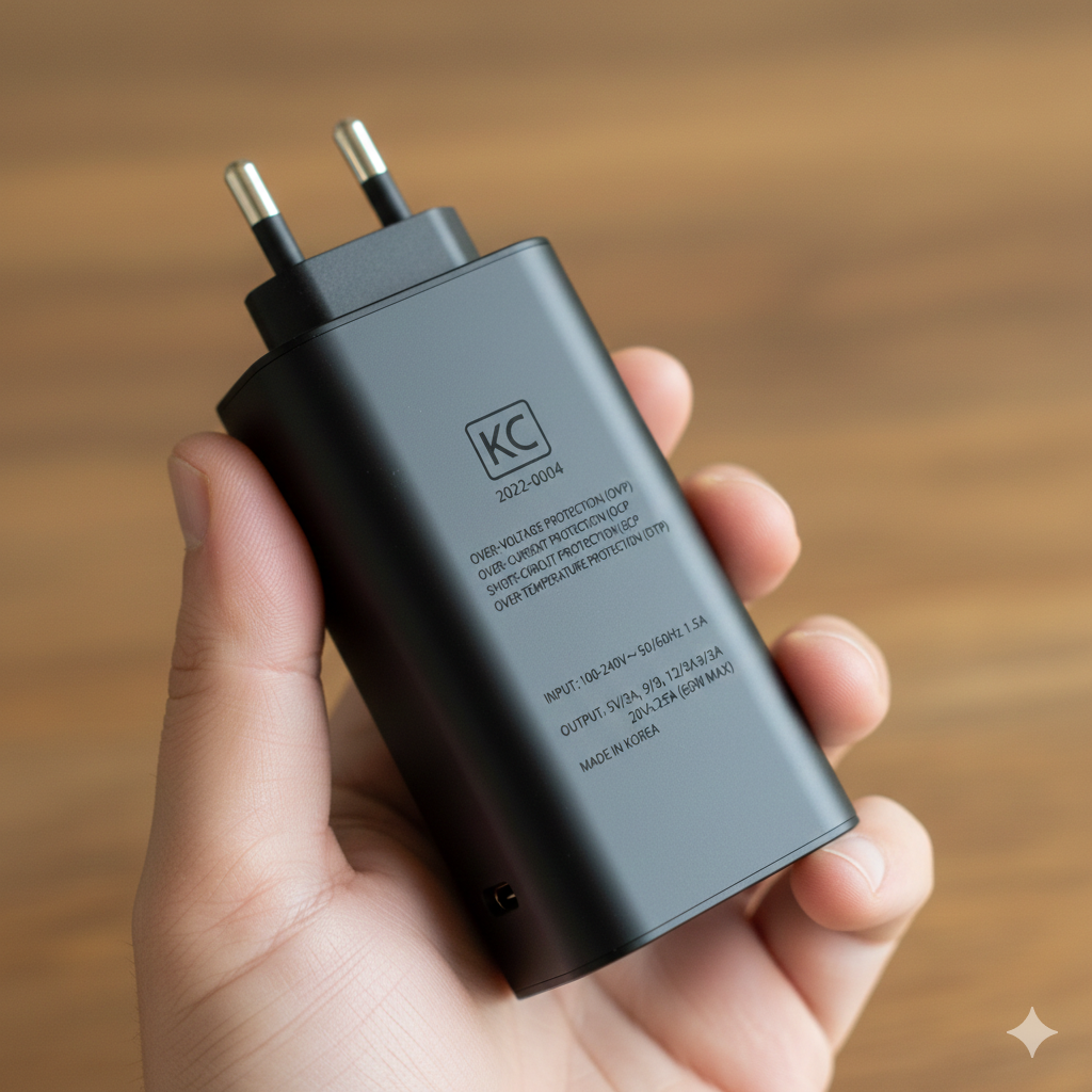 전자제품 안전을 증명하는 국가통합인증마크(KC)와 출력 사양이 표시된 충전기 상세 사진