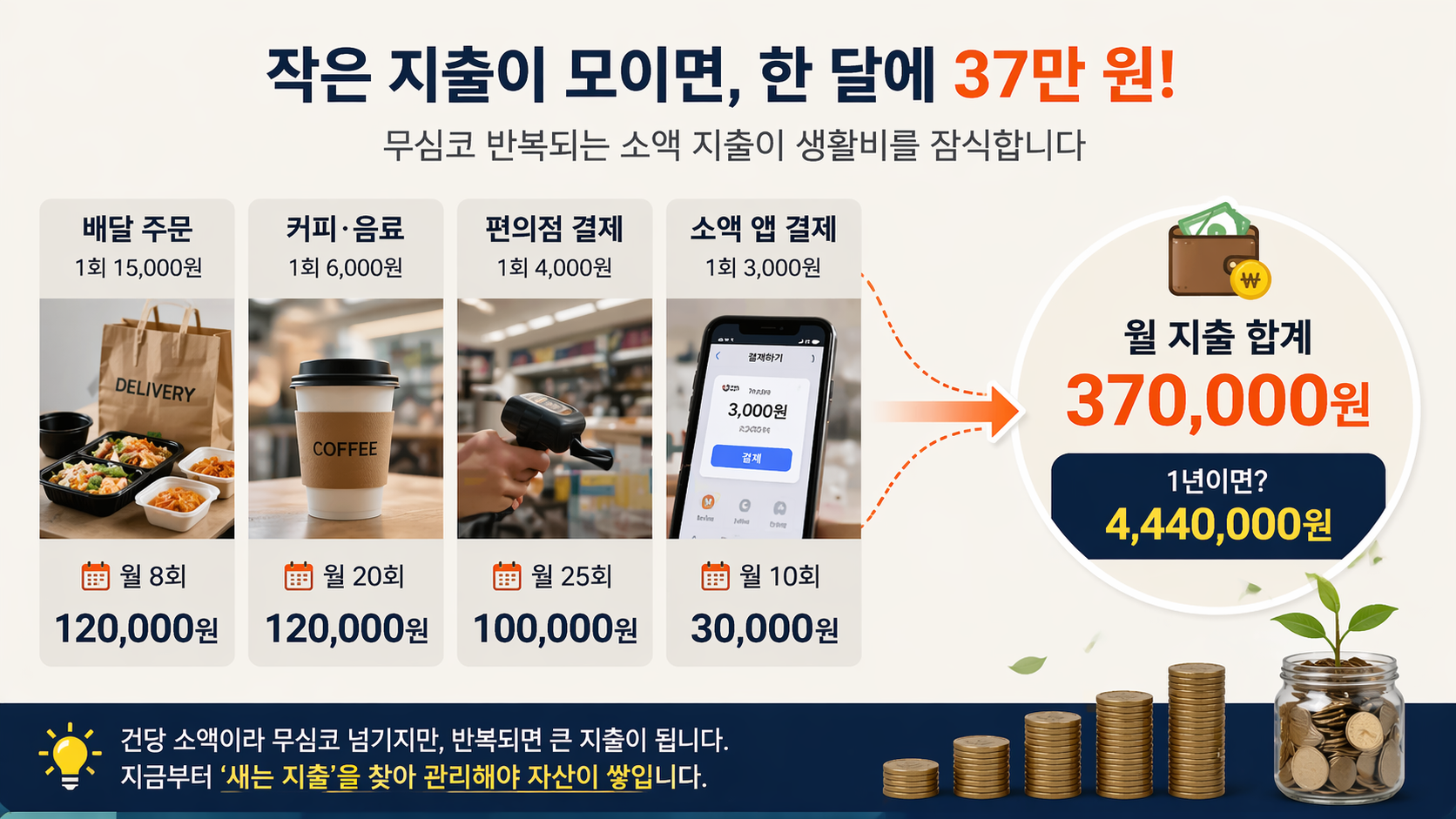작은지출이 모이면 큰돈이 된다는 시각화 인포그래픽