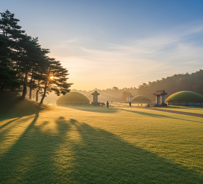 이른 아침, 한적한 경주 대릉원의 모습. 푸른 잔디와 웅장한 고분들 위로 부드러운 아침 햇살이 비치고 있다