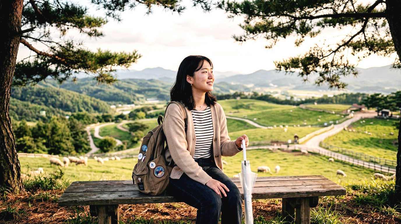 칠곡양떼목장 정상 벤치에 앉아 평온하게 목장 전경을 바라보는 20대 여성의 모습