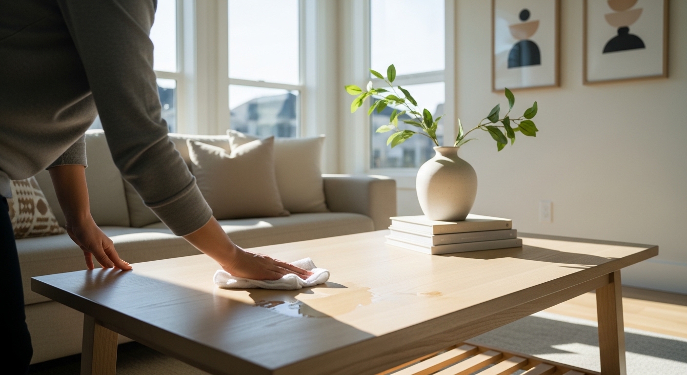 젖은 천으로 가구 위 먼지를 닦는 실내 청소 장면