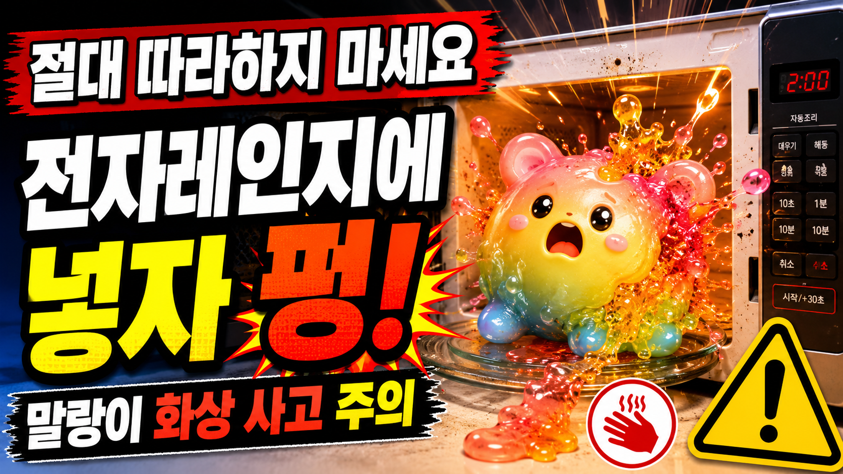 말랑이 장난감을 전자레인지에 넣으면 내부 젤이 뜨겁게 가열돼 터지고 화상 사고가 발생할 수 있다는 어린이 장난감 안전 정보 이미지
