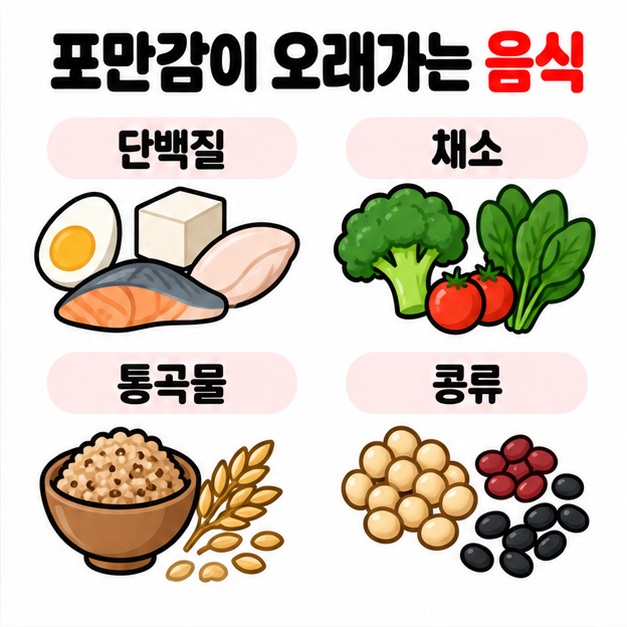 단백질 채소 통곡물 콩류를 포만감과 식이섬유가 좋은 식품군으로 보여주는 카드